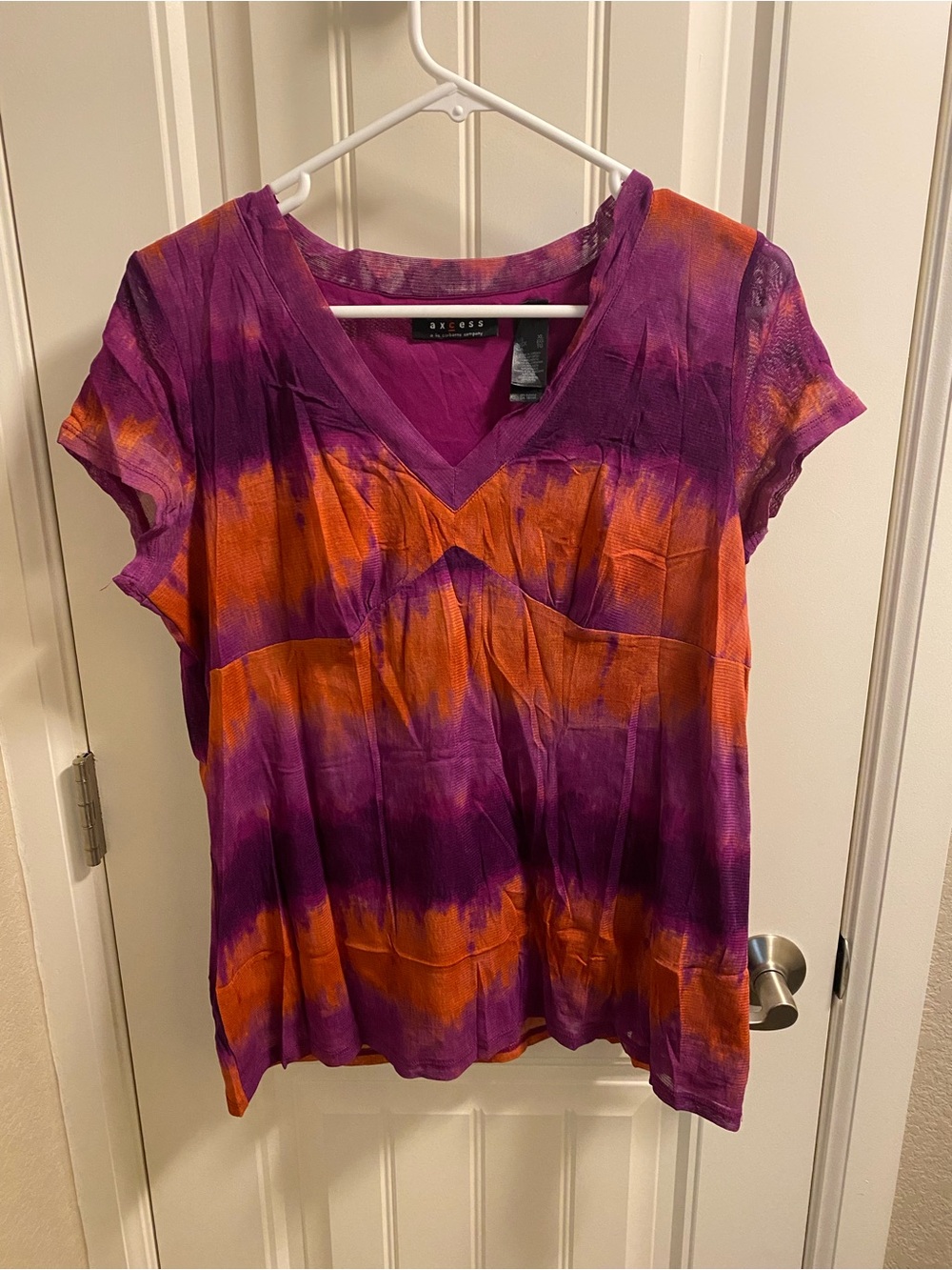 Liz Claiborne Axcess Top XL Stretch Blouse Purple Orange Lined Short Slv Shirt